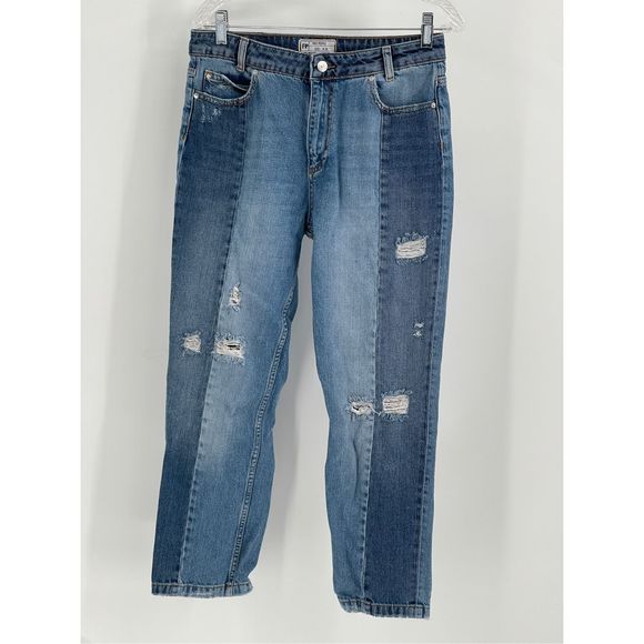 Free People Jeans Women Size 29‎ Blue Patch Distressed Mom High Rise - Picture 1 of 12